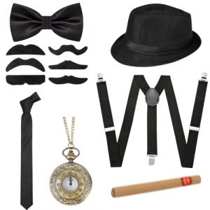 Meleager Accessoires Deguisement Homme Annee 20, Déguisement Carnaval Homme, Gatsby Gangster Costume, Accessoires de Costume de Mafia,avec Chapeau, nœud Papillon (WEIMEIYING, neuf)