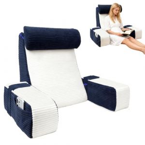 ROOWANA Oreiller de Lecture pour lit, Coussin d'appui Dorsal r&eacute;glable avec accoudoirs et Appui-t&ecirc;te, adapt&eacute; &agrave; la Lecture/Jeux/Relaxation/t&eacute;l&eacute;vision, Bleu & Blanc (elite guard, neuf)