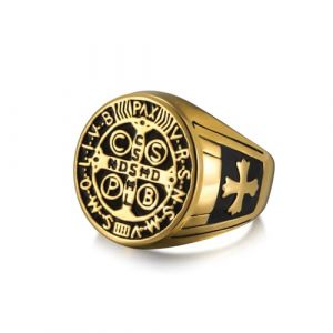 Amaxer Bague chevalière Saint Benoit de Nursie pour homme Bague de protection religieuse St Benoit Exorcisme Catholique Croix romaine (Doré, 20mm) (amaxer, neuf)