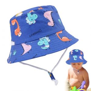 Chapeau de Soleil Enfant, Casquette de Plage Bebe Chapeau de Pêcheur Garçon Fille, Coton Chapeau Large, Anti-UV Solaire Plage Chapeaux de Soleil Bébé Fille UPF 50+(Petit motif dinosaure, bleu) (YU CHENGLONG DE DIAN, neuf)