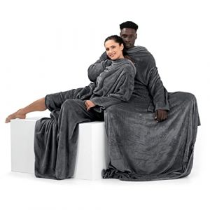 DecoKing 170 x 200 cm Couverture à Manches TV en Microfibre avec Manches et Poches Polaire Douce avec Poche pour Les Pieds Graphite Lazy (shop_decoking, neuf)