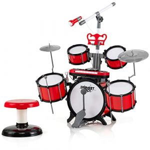 COSTWAY Batterie Enfant avec Clavier à 8 Touches et Tabouret,Ensemble de Tambours Jazz avec Microphone,Hauteur Réglable avec Port MP3,Pupitre,Batterie Musique pour Enfants 3 Ans+ (Rouge-Style 2) (FDS GmbH, neuf)