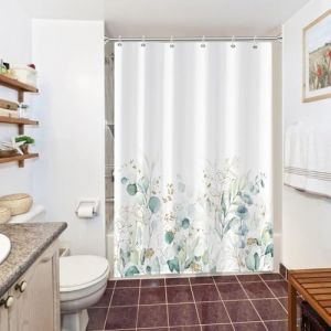 Rideau Douche Anti Moisissure, Uiiooazy Rideau de Douche 150x180cm Vert Sauge Feuilles d'eucalyptus Doré Rideaux de Baignoire Tissu Lavable Imperméable Polyester Rideaux Salle de Bain avec 10 Crochets (dongguibinjingpinxiaodianpu, neuf)