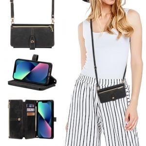 ZCDAYE &Eacute;tui pour iPhone 14 avec bande et cha&icirc;ne de t&eacute;l&eacute;phone portable - En cuir - Avec compartiments pour cartes - Portefeuille - Pour femme - &Agrave; suspendre - Noir (zcdaye, neuf)