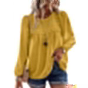 TUUHAW Tunique Femme Chemise Chic et &Eacute;l&eacute;gant Automne Col Rond Manches Longues Dentelle Boh&egrave;me Top Fluide &agrave; Point Suisse Couleur Unie Blouse D&eacute;contract&eacute; Chemisier T-Shirts Jaune M (TROFANO, neuf)