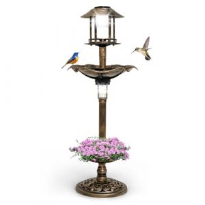 GOPLUS Mangeoire Oiseaux Extérieur Solaire, Bain d'oiseaux sur Pied avec 2 Lampes à Energie Solaire, Support Remplissable, 3 Piquets, Abreuvoir Oiseaux φ43x110cm pour Jardin, Cour (Bronze) (Augenstern24, neuf)