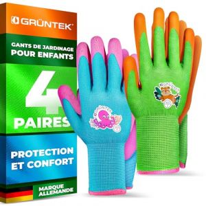 GR&Uuml;NTEK Gants de Jardinage pour Enfant - Lot de 4 paires. Enduit de latex. Sans BPA. Certifi&eacute; EN420 / EN388 - Taille 4 (Werkzeugbar, neuf)