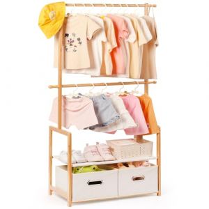 Relquorax Portant à vêtements en bambou pour enfants, avec 2 boîtes de rangement et 2 barres de suspension réglables, tringle à vêtements et étagère, pour chambre d'enfant, pour bébé fille et garçon (Camp Timii, neuf)