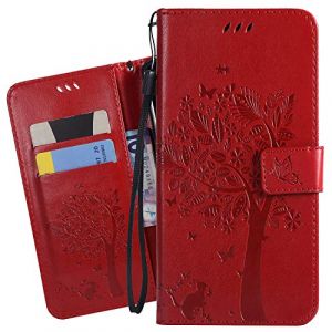 Ougger Etui pour Huawei P Smart 2019 Etui Cuir Portefeuille Magn&eacute;tique Protecteur Pochette Bumper Silicone Flip Cover Coque pour Huawei P Smart 2019 avec Porte-Cartes Cr&eacute;dit, Chat & Arbre (Rouge) (Yuemmy, neuf)