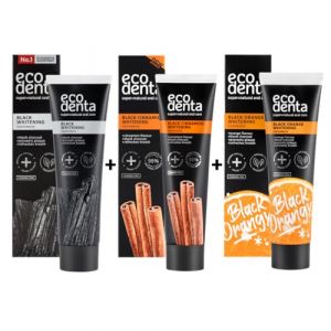 Ecodenta Black Whitening Lot de 3 dentifrices au charbon noir 100 ml, dentifrice blanchissant à la cannelle noire, 100 ml, dentifrice blanchissant au goût d'orange 100 ml (Ekomarket DE, neuf)