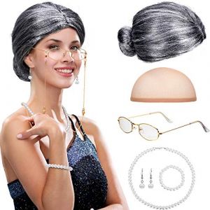 Ensemble de Cosplay de Veille Dame, Chapeau de Perruque Mamie Cha&icirc;nes de Lunettes Cordes de Fausse Perle Collier de Perles (Perruque Bun Gris) (HighJoysome, neuf)