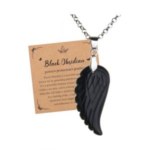 JSDDE Collier Pendentif Aile d'Ange en Pierre Naturelle pour Femme Homme Collier Plume Pierre et Cristal Pr&eacute;cieuse Cha&icirc;ne Argent per Talisman Protection Bijoux Porte Bonheur Amulette (Obsidienne) (FEIXINFLY, neuf)