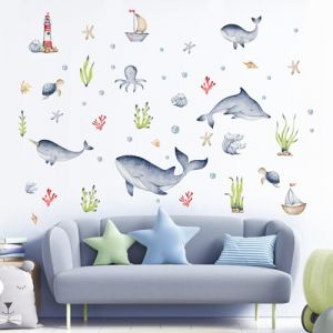 Tanlaby Sous la Mer Sticker Muraux,Océan Dauphin Stickers Mural Tortue de Mer Algues Phare Décoration Murale Autocollants Muraux Amovibles pour Chambre Bébé Pépinière D'enfant Le Salon Baignoires (JDD store, neuf)