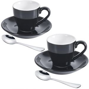 ionEgg Lot de 2 tasses à expresso en porcelaine avec soucoupe et mini cuillères en acier inoxydable, 80 ml, noir (ionEgg, neuf)