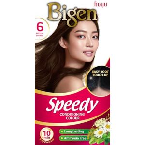 Bigen Speedy Conditioning Colour | Couvre les cheveux blancs en 10 min | Sans ammoniaque | Avec des extraits naturels de plantes - 6 Brun Moyen (Stylish & Beautiful, neuf)
