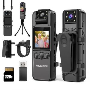 kaysunlink Caméra Corporelle FHD 1080P avec Carte 128 Go, Objectif Rotatif à 180°, Vision Nocturne, Mini Caméra Portable pour la Police, Enregistreur Vidéo d'action Sportive en Extérieur, Noir (Kaysunlink, neuf)