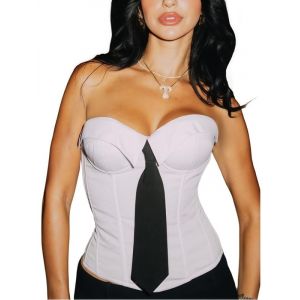 Sukiglam D&eacute;bardeur Femme Corset avec Cravates &Eacute;t&eacute; Haut sans Bretelles Sexy Bustier sans Manches Tee Shirt Dos Nu Y2k Crop Tops Ventre Plat Corset Top Mode V&ecirc;tements Esth&eacute;tiques pour Jeu de R&ocirc;le (Sukiglam Store, neuf)