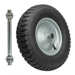 Garronda Roue de brouette 4.80/4.00-8 8PR Heavy Duty &Oslash; 405&times;95 mm avec axe, pneumatique renforc&eacute;e, jante acier, doubles roulements, valve auto, moyeu 99 mm al&eacute;sage 12 mm &ndash; ch GD-0163, Noir-Argent (Hisert, neuf)