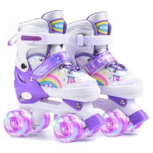 ERNAN Roller Enfant Filles et Garçons,Patin a Roulette Enfant 4 Taille Réglable, Roller Quad avec 8 Roues Lumineuses. Patins à roulettes pour Enfants pour débutants (Purple, S) (ERNAN STORE, neuf)