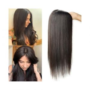 Toppers cheveux Postiche en cheveux humains longs de 10 à 24 pouces, 12 x 13 cm, base en soie, partie centrale, cheveux raides et vierges, for femmes aux cheveux clairsemés Toppers de perruque pour ch (xjbouzhou, neuf)