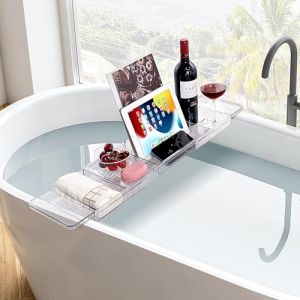 Plateau de baignoire en acrylique réglable pour iPad et livres, étagère de baignoire, étagère de baignoire, étagère de baignoire, plateau de bain, espace pour serviettes, couleur transparente (HETAITONG-EU, neuf)