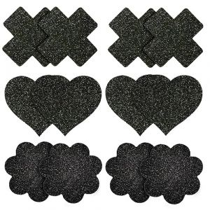 Cache t&eacute;tons jetables, 6 Paires de Croix Invisible Mamelon Cr&egrave;me Fleur Glitter Mamelon Autocollant Coeur Auto - adh&eacute;sif Poitrine p&eacute;tales Femme (Noir) (Cheerful Picks, neuf)
