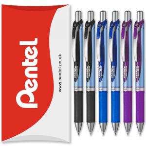 Pentel EnerGel BLN75 Lot de 6 stylos roller r&eacute;tractables &agrave; encre gel &ndash; Pointe de 0,5 mm &ndash; Encre noire, bleue et violette &ndash; Emballage portefeuille (OMGHC., neuf)