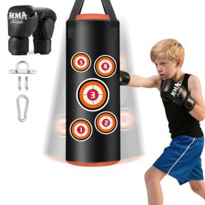 JUOIFIP Kit Sac de Frappe Suspendu, Sac de Frappe pour Enfants avec Gants 60 cm, Sac Lourd en Cuir Microfibre pour l'entra&icirc;nement au Kickboxing, Fitness, MMA, Grappling, Muay tha&iuml; et karat&eacute; (AutumnShop, neuf)