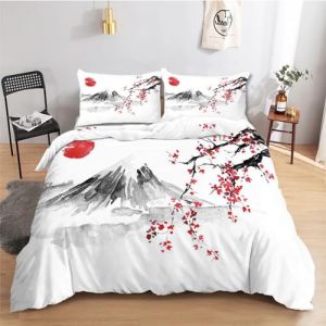 Housse de Couette 220x240 Japonais Mont Fuji Parure de Lit Adulte Réversible avec Fermeture Éclair - Housse Couette 2 Personnes Imprimée en Microfibre et 2 Taie d'oreiller 65x65 cm (Gengl, neuf)