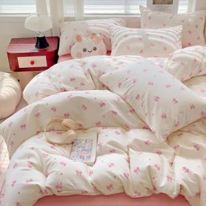 Michorinee Housse de Couette 140x200 Rose Coeur et N&oelig;ud Papillon Imprim&eacute; Adulte 1 Personne Parure de Lit Microfibre Romantique Fille Linge de Lit avec Fermeture &Eacute;clair et 1 Taie d'oreiller 65x65 (AShanlan, neuf)
