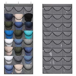 Yunyige Range Casquette Mural,Porte Chapeau,Porte Support Casquettes Mural avec 24 Poches,Rangement Casquettes Murals pour Ranger les Casquette de Rangement Baseball (Gris) (Yunyige, neuf)