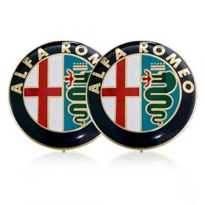 PRAOFRT 2 Pièces Qualité Étanche Capuchons Badge Logo,Compatible avec Alfa Romeo, Capots avant et Arrière 74 mm,Emblèmes Métalliques, Accessoires avec logo Automobile (Doré) (y64rf6y4reyf7edd, neuf)