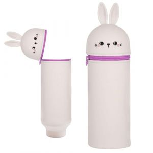 Kawaii &Eacute;tui &Eacute;cole 2 en 1 en Silicone Souple, Trousse Silicone Verticale, Fermeture &Eacute;clair en Silicone, Trousse &agrave; Crayons en Silicone pour Enfants Plusieurs Couleurs et Styles-Lapin Gris et Rose (FASHION DELUXE GMBH, neuf)