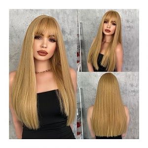 Perruque Naturel 22 pouces Blonde Longue Droite Perruque Synthétique avec Une Frange Perruque Déliée Naturelle Surbrillance Noir Brun Rose Perruque for Les Femmes Quotidien Cosplay Partie Perruque Cou (zengfanjunuk, neuf)