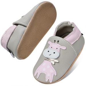 IceUnicorn Chaussons d'éveil pour bébé garçon et fille - En cuir souple - Chaussons pour bébé, Gris rose girafe, 0-6 mois (HelloTang, neuf)