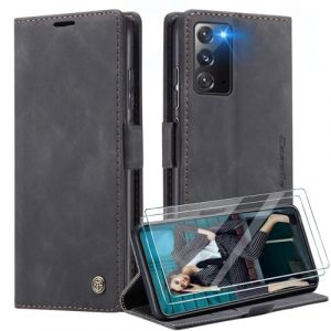 Caseme Coque pour Samsung Galaxy Note 20 + 2 Pi&egrave;ces Verre Tremp&eacute;,Etui Protection Housse Premium en Cuir PU, [Emplacements Cartes], Pochette Flip Case - Noir (WenBaby, neuf)