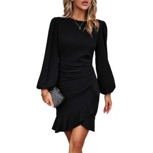 VHUQGVU Robe Cocktail Mariage Vintage Robe Casual Femme Robe bapt&ecirc;me col Rond Manches Longues,Noir,XL (Bailu-EU, neuf)