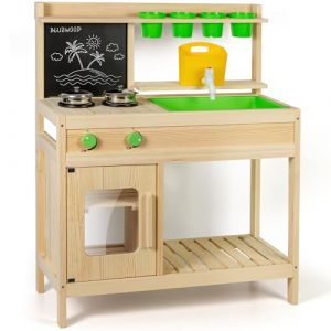 Cuisine extérieure Enfant en Bois - Jouet d’Imitation avec Robinet Fonctionnel, évier Vert, Double Plaque de Cuisson, Tableau Noir et Accessoires - Idéal pour Jardin ou terrasse (LESGE GRPO, neuf)