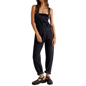 LYSINK Salopette en denim r&eacute;tro pour femmes, jean droit &agrave; jambe large avec bretelles r&eacute;glables, coupe ample et d&eacute;contract&eacute;e, M (JINGHEBAIHUO, neuf)