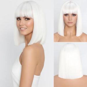 SIMKAYLEE Perruque courte lisse blanche avec frange Bob pour femme Perruque courte droite blanche pour femme Perruque &eacute;paule pour carnaval, mardi gras, f&ecirc;te &agrave; th&egrave;me, Halloween, cosplay, No&euml;l (30 cm) (Jinhua fashion, neuf)