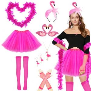Grantop Lot de 11 costumes de flamant rose pour femme avec serre-t&ecirc;te flamant rose, jupe tutu pour femme, boa en plumes, verres flamants roses, boucles d'oreilles, collier, costume de carnaval pour (chaowu-EU, neuf)