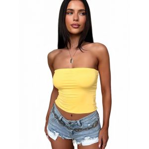 Sukiglam Bandeau Tube Top Femme Sexy Hauts &Eacute;t&eacute; sans Bretelles D&eacute;bardeur sans Manches Court Basic Crop Tops &Eacute;lastique Slim Fit Shirt Dos Nu Y2K Casual Couleur Unie Bustier Sport Chemise (Sukiglam Store, neuf)