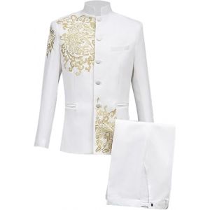 JEShifangjiusu Costume Tunique Chinoise 2 Pièces Traditionnelle Uniforme pour Hommes Ensemble Blazer à Col Mandarin Ensemble Pantalon Veste Boutonnée Robe de Marié (Blanc,L) (Huabaohua[7-12 Deliverly], neuf)