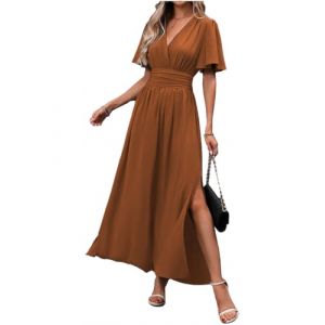 LUVCES Femme Robe Elegante Col en V Taille Haute Robe Longue d'été Plissée Manches Papillon Fente Latérale Froncée Robes pour Soirée Mariage Fête Caramel XXL (SANYI FASHION, neuf)