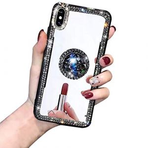 ShinyZone Coque Miroir pour iPhone XS,Coque Diamant iPhone X 360 Degr&eacute;s Rotatif Anneau Bague,3D Bling Bling Strass Brillant Paillette Cristal Housse en TPU Souple,Noir (Shinyzone, neuf)
