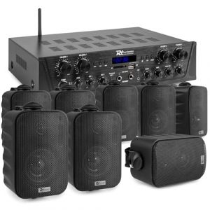Power Dynamics Pack Sonorisation 4 Zones 400 Watts Bluetooth avec 8 Enceintes Noires, Lecteur MP3 USB/SD, Radio FM, Entr&eacute;es Micro, T&eacute;l&eacute;commande - Kit Complet pour Multi‑Pi&egrave;ces, Restauration (Sono Mat&eacute;riel, neuf)