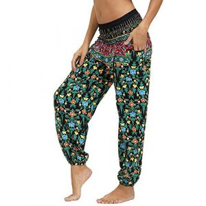 Nuofengkudu Femme Harem Pantalon Sarouel Thaïlandais Hippie Baggy Léger Boho Ethnique Smockée Taille Haute avec Poches Yoga Pants Été Plage ,Floral Vert,Taille unique (better Life, neuf)