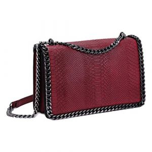 CRAZYCHIC - Sac Bandoulière Chaîne Cuir Serpent Effet Matelassé - Sac à Main Femme Imitation Cuir Rigide PU Porté Epaule - Rabat Python Bordures Chaînes - Besace Mode Chic Tendance - Rouge Bordeaux (Crazychic, neuf)