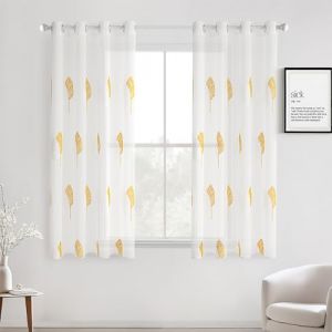 MIULEE Rideaux Voilage Court avec Beau Motif de Feuilles Jaune et Blanc, Int&eacute;rieurs Rideau Voile Brod&eacute; a Oeillets Largeur 140 CM Hauteur 175, Petit Voilage Fenetre Design Moderne Chambre Cuisine (MIULEE HOME, neuf)