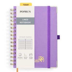 POPRUN Carnet de Notes Ligné A5 Spirale, Cahier Couverture rigide, Bullet Journal avec 141 Pages Numérotées, Papier 120 g/m², Étiquettes Autocollantes et 8 Feuilles Détachables, Violet-VT (Time Works Wonders, neuf)